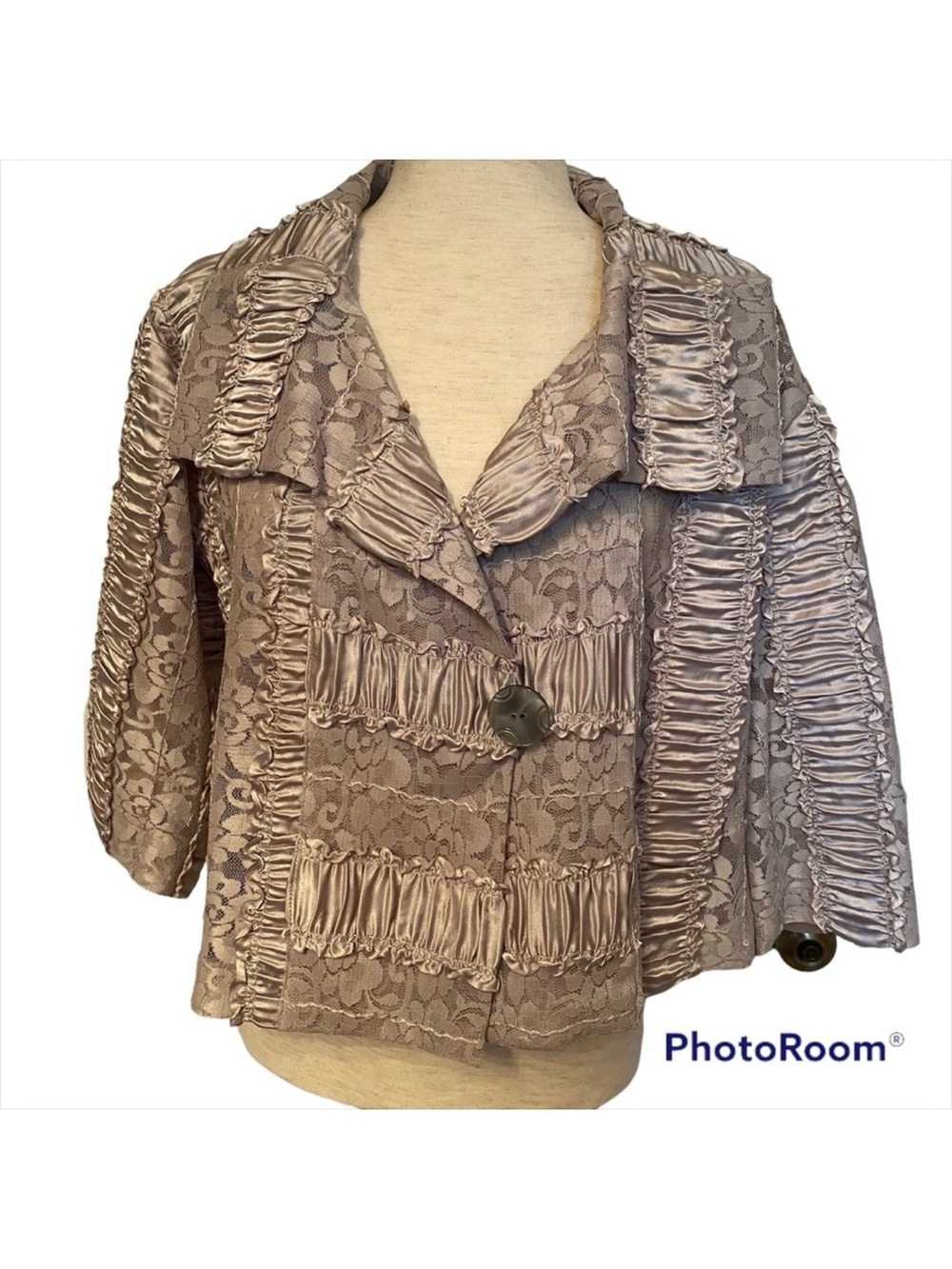 IC COLLECTION JACKET COAT SHORT CROPPED TAN SHEER LACE SEQUINS LAPEL SIZE S